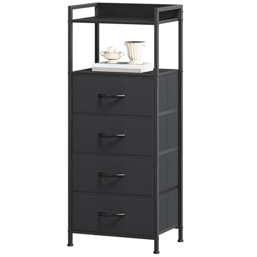 Somdot Nightstand with 4 Drawers, Vertical Storage Tower Fabric Dresser for Bedroom, Night Stand Bedside Table Furniture, Sturdy Steel Frame, Wooden Top & Easy Pull Fabric Bins, Black - color: Black, size: 11.4"D x 15.2"W x 36.3"H (4 Drawers)