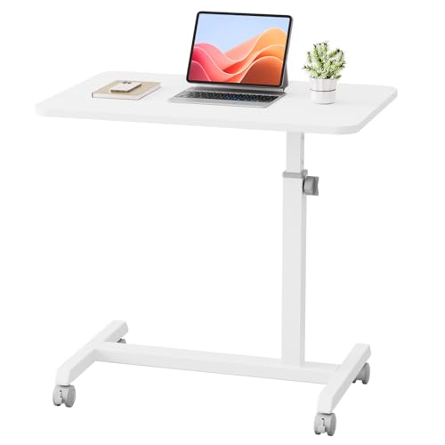GTPLAYER Small Standing Desk, 24 Inches Mobile Rolling Laptop PC Table with Lockable Casters, Adjustable Height Overbed Bedside Table Computer Workstation for Home Office, White-Fixed - color: White-fixed