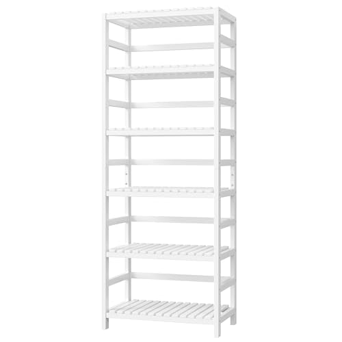 FOTOSOK 6-Tier Bamboo Shelf with Adjustable Shelves, Bamboo Kitchen Cabinet | Tall Bamboo Bookshelf and Plant Shelf with 250-lb Shelf Capacity for Laundry Bathroom Kitchen Pantry Home Office - color: White