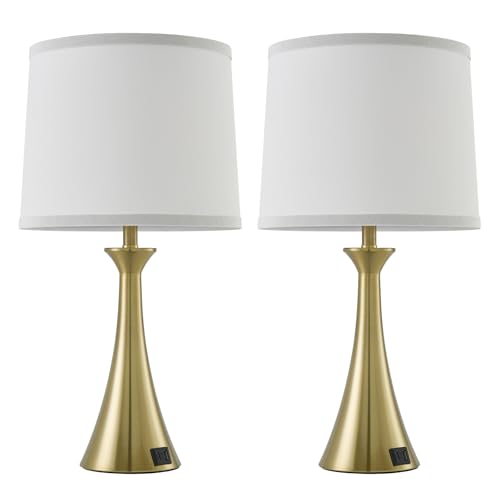 Touch Lamp for Living Room Bedroom, 21" Table Lamps Set of 2 with USB C+A Ports and White Lamp Shades, 3 Way Dimmable Gold Touch Bedside Lamps for Nightstand, 2 LED Bulbs Included - color: Gold & White Shade