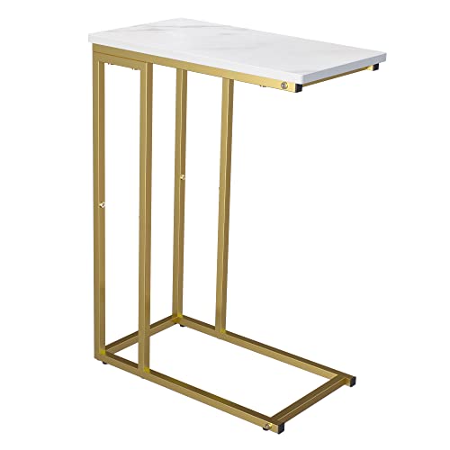Yusong C Shaped End Table, Couch Side Table that Slide Under Sofa Bed, Small Table for Small Spaces, Skinny Overbed Table for Coffee Drink Snack, Living Room, Gold and White Marbled Wooden Top - color: Gold, size: Length 18.2