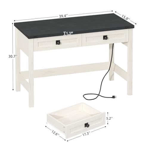 YOMILUVE Farmhouse Computer Desk with 2 Drawers, 39 Inch Small Office Computer Desk with Power Outlets, Compact Writing Study Vanity Desk for Small Spaces, Black and White - color: Black and White