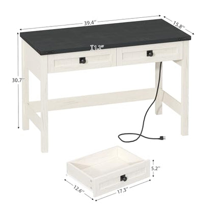 YOMILUVE Farmhouse Computer Desk with 2 Drawers, 39 Inch Small Office Computer Desk with Power Outlets, Compact Writing Study Vanity Desk for Small Spaces, Black and White - color: Black and White