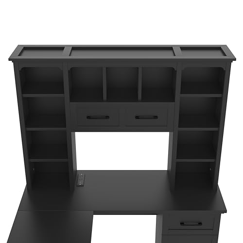 L-Shaped Home Executive Desk with 2 Cabinets and 2 Drawers, Computer Desk with Power Outlet, 11 Open Shelves and 1 Right Flip Shelf with Storage for Study, Living Room and Office (Black-02) - color: Black-02