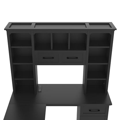 L-Shaped Home Executive Desk with 2 Cabinets and 2 Drawers, Computer Desk with Power Outlet, 11 Open Shelves and 1 Right Flip Shelf with Storage for Study, Living Room and Office (Black-02) - color: Black-02