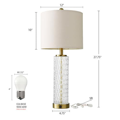 Oneach 27.75” Table Lamps Set of 2, Gold Modern Bedside Lamp with LED Night Light, USB A+C, Glass Lamps for Living Room, Bedroom, Nightstand, Office, End Table (2 Bulbs Included) - color: Gold - White Shade