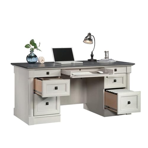 Sauder Palladia Office Desk with Drawers, Executive Desk with File Cabinet Storage, Cable Management, Keyboard Tray, in Glacier Oak Finish - color: Glacier Oak