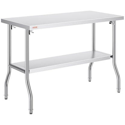 VEVOR Stainless Steel Foldable Work Table, 48 * 24 Inch Heavy Duty Food Outdoor Double Layer Stainless Steel Worktable for Commercial Kitchen Restaurant - size: Double layer 48 * 24, style: Foldable