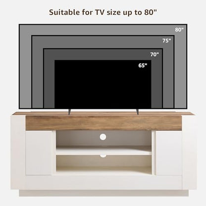 OKD Modern 70" TV Stand, Entertainment Center for TVs Up to 80", Media Console with Large Open Storage & Side Cabinets, Thick Wood Design for Living Room, Antique White - color: Antique White