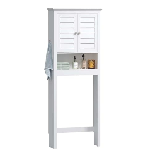 Spirich Over The Toilet Storage Cabinet with Louvered Doors & Hooks, White | Space-Saving Bathroom Organizer, Adjustable Shelf & Bottom Crossbar, 34.4-Inch Clearance, Anti-tip Device, FSC-Certified MDF - style: Louvered Door