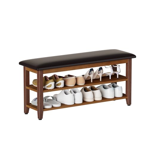 Shoe Bench with Leather Cushion,Rubberwood Bench with Shoe Rack | 2-Tier Shoe Storage Organizer for Entryway,Hallway,Living Room - size: 2-Tier-39.4"