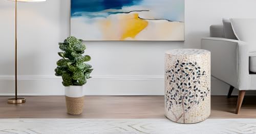 PEMAR Mother of Pearl Cylinder Drum End Table Nacre Side Stool Round Accent Table Coffee Bedside Nightstand and Vanity Stool Olive Tree 13" Diameter x 19.3" High - color: Olive Tree
