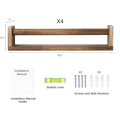 Nursery Room Shelves Set of 4, Wood Floating Book Shelves for Kids Room, Baby Book Shelf for Nursery, Kitchen Spice Rack (Carbonized) - color: Carbonized