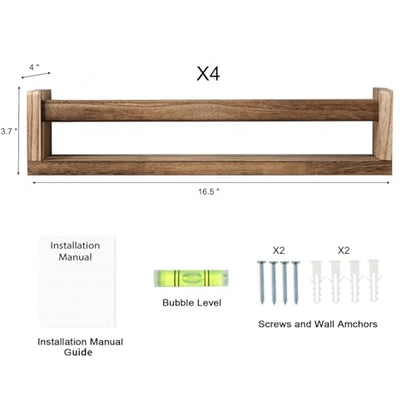 Nursery Room Shelves Set of 4, Wood Floating Book Shelves for Kids Room, Baby Book Shelf for Nursery, Kitchen Spice Rack (Carbonized) - color: Carbonized