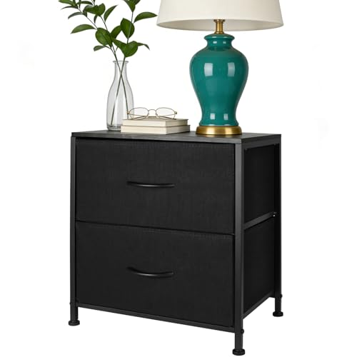 Fabric Nightstand with 2 Drawers, Small Night Stand Bedside Table with Two Drawer Dresser End Table for Bedroom Living Room Small Spaces, Wooden Top - color: Black