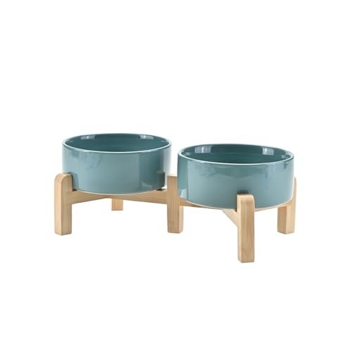 SPUNKYJUNKY Elevated Dog Bowls Ceramic, 5.1'' Dogs and Cat Food Water Bowls Raised with Non-Slip Bamboo Stand for Puppy Small Sized Breed Microwave Dishwasher Safe - 13.5 OZ,Dark Green - color: Dark Green, size: 5.1 in - 1.7 cups