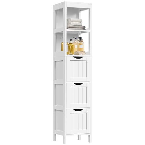 Yaheetech 56" Tall Narrow Bathroom Storage Cabinet with 3 Drawers, White | Slim Tower for Small Bathrooms, 2 Open Shelves and Drawers Organize Towels, Toiletries, Toilet Paper, 12" Wide Beadboard MDF - color: White, size: 56"H