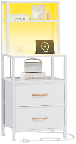 White Nightstand, Tall Night Stand with Charging Station | RGB LED Lights & USB Ports & type-C, 2 PU Fabric Drawers and 4-Tier Shelves Bedside Table for Bedroom, Dorm Storage - color: White, size: 2 Drawer
