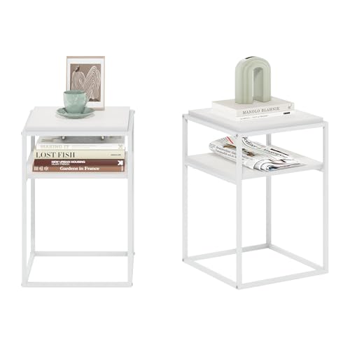 2-Tier Set of 2 Stackable Metal Frame End Table, Toolless Assembly Bedside Table, Night Stand with Open Shelf, Side Table, for Bedroom, Living Room, Solid White - color: Solid White/White, size: 2 Tier, Set of 2