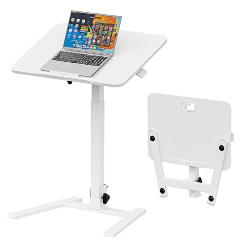 25 Inch Mobile Foldable Standing Desk for Home Office, White | 180 Tiltable Desktop, Height Adjustable, No Assembly Computer Workstation, Portable Rolling Laptop Table, Sit-Stand Desk - color: White