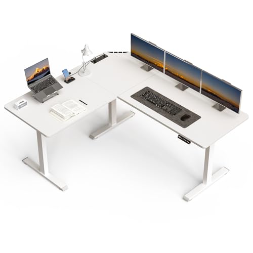 63 x 55 inch L-Shaped Standing Desk, Corner Computer Desk, Electric Standing Desk Adjustable Height, Sit to Stand Ergonomic Workstation for Home Office, White - color: White