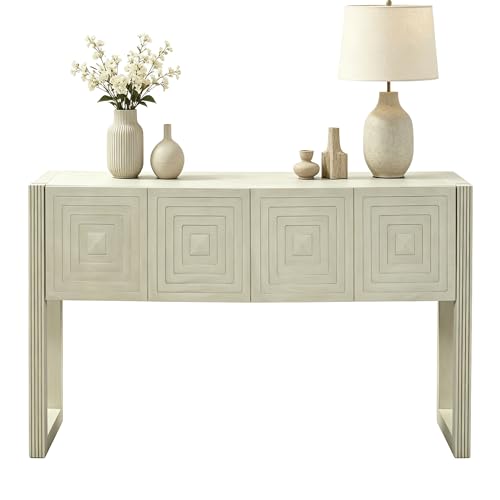 LKTART 55" Carved Console Table with 3 Soft-Close Drawers, Entryway Sofa Table with Fluted Leg,Solid Wood Accent Table for Living Room Hallway, Natural - color: Natural