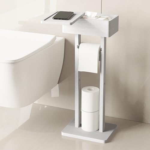 4-in-1 White Toilet Paper Holder Stand with Storage Shelf Box | Bamboo Free Standing Toilet Tissue Roll, Toilet Wipes Dispenser Organizer, Temporary Desktop for Modern Bathroom Organizer - color: White