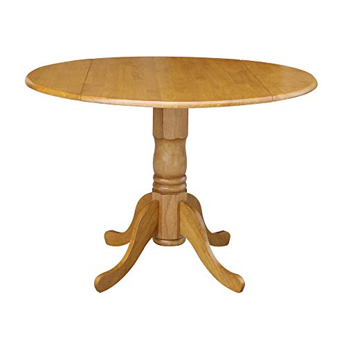 IC International Concepts, 42" Round Dual Drop Leaf Pedestal Dining Table, Solid Real Wood, Sturdy Parawood, Dimensions 42"D x 42"W x 29.5"H, 20mm thickness, 40lbs Weight Capacity, Oak - color: Oak