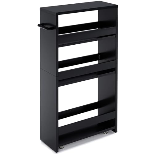 MARTY Slim Rolling Storage Cart, 4 Tier Utility Cart with Wheels, Black | Laundry Room Organization, 5.5" Wide, Wood Kitchen Cart with Handle, Trolley for Kitchen Bathroom Narrow Place Small Corner - color: All Black, size: 5.51"D x 15.75"W x 31.5"H