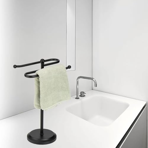 J&V TEXTILES Classical Steel Towel Rack Holder Stand with 2 Hanging Rings for Bathroom Vanity Countertops - Space Saving Hand Towel Holder (Matte Black) - color: Matte Black