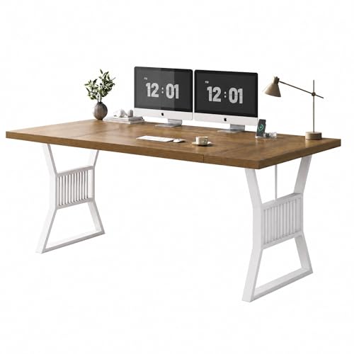 Garvee Modern Computer Desk, 70.8 Inch Home Office Work Desk,Farmhouse Gaming Writing Work from Home Study Desk,Sturdy Metal Frame for Bedroom,Home Office - color: Walnut + White Leg