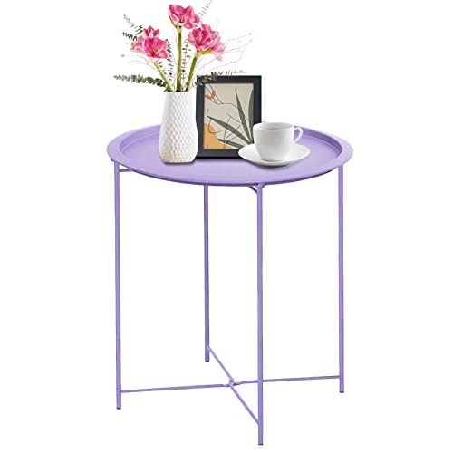 Garden 4 you End Table Metal Side Table Purple Round Folding Tray Cyan Sofa Small Accent Fold-able Table, Round End Table Tray, Next to Sofa Table, Snack Table for Living Room and Bed Room - color: Purple
