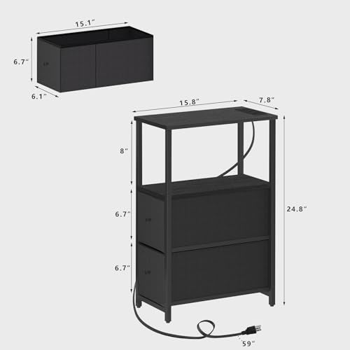 TUTOTAK Small Narrow LED End Table with Charging Station, Side Table Outlets, Nightstand with 2 Cloth Drawers, Set of 2, Couch Table, for Living Room, Bedroom, Bedside, Black TB01BK056 - color: Black, style: 2 Drawers with Plug & Light