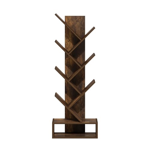 Furinno Tree Book Shelf, 7-Tier Bookshelf, Tree Bookcase with Bottom Shelf, 8.4 x 16.9 x 46.2, for Living Room, Bedroom, Home Office, Amber Pine - color: Amber Pine, size: 7-Tier Tree with Bottom Shelf