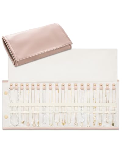 Lolalet Travel Necklace Organizer, Foldable Jewelry Case, Pink, 18 Slots | Tangle-Free, Roll Up, PU Outer, Velvet Lining, Space-Saving, for Chains Bracelets, Gift for Women Girls Daughters Friends - color: Pink, size: Large, 18 Slots