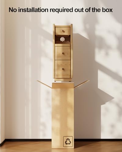 Solid Wood Narrow Nightstand with 3 Drawers,Modern Natural,Fully Assembled | Narrow night stand,gold handles,open Shelf,skinny bedside table,slim nightstand for bedroom storage,space-saving storage - color: Natural（15.75"d X 7.87"w X 23.62"h）