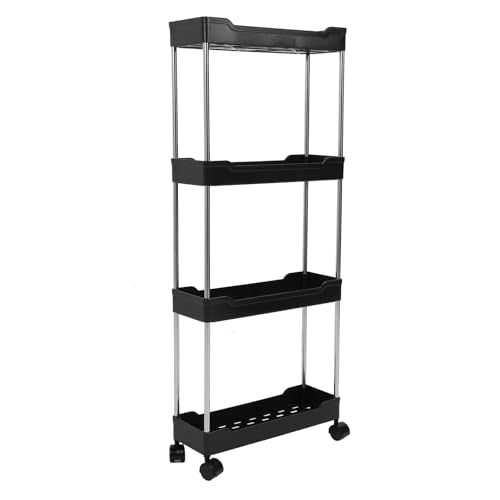 4 Tier Slim Storage Cart, Rolling Utility Cart with 4 Easy Glide Wheels and Side Hooks for Kitchen Bathroom Laundry Room Office Narrow Spaces (Black) - color: Black