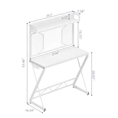 Elephance Small Gaming Desk with Pegboard, 39 Inch Computer Desk with Storage Shelves, Modern Office Desk for Study Work Home Office, Small Spaces, White