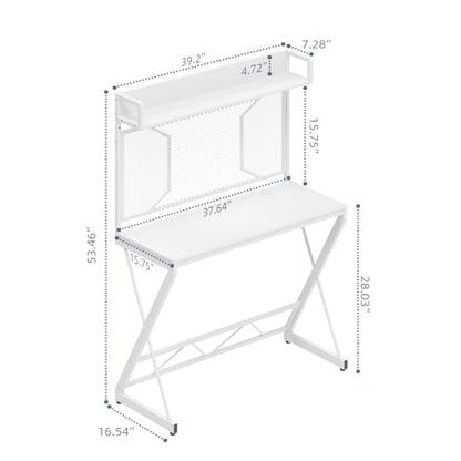 Elephance Small Gaming Desk with Pegboard, 39 Inch Computer Desk with Storage Shelves, Modern Office Desk for Study Work Home Office, Small Spaces, White