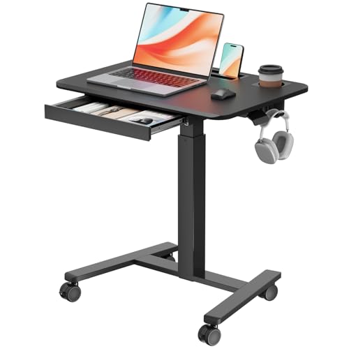 Mobile Standing Desk with Drawer, 28" Rolling Desk with Cup Holder and Hooks, Portable Laptop Workstation on Wheels, Height Adjustable Cart with Storage for Home Office, Black - color: Black, size: 28"