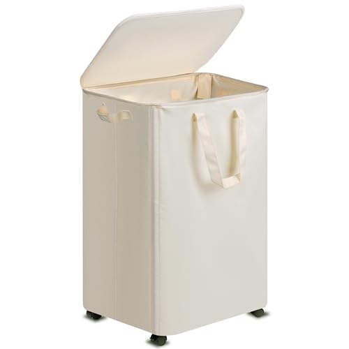Vincona Slim Laundry Hamper with Lid and Wheels, Small Rolling Laundry Basket with Handle for Small Spaces, Tall Dirty Clothes Hampers for Dorm, Bathroom and Bedroom, 95L, Beige - size: 95L