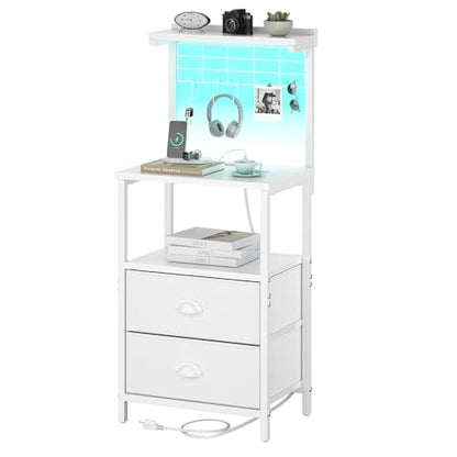 sthmec Tall Nightstands with Charging Station, LED Night Stand Bedsides with 2 PU Finish Fabric Drawers,Hooks,USB Port and Oepn Storage Shelves,Tall End Table Bedside for Bedroom,Office, White - color: White, style: 2 Drawers