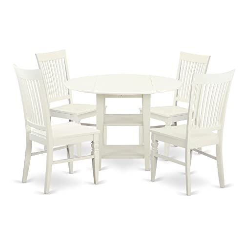 East West Furniture SUWE5-LWH-W 5 Piece Dining Set Includes a Round Dining Room Table with Dropleaf & Shelves and 4 Kitchen Chairs, 42x42 Inch, Linen White - style: SUWE5-LWH-W