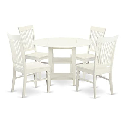 East West Furniture SUWE5-LWH-W 5 Piece Dining Set Includes a Round Dining Room Table with Dropleaf & Shelves and 4 Kitchen Chairs, 42x42 Inch, Linen White - style: SUWE5-LWH-W