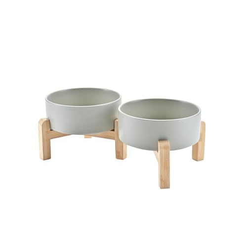 SPUNKYJUNKY Elevated Dog Bowls Ceramic, 5.1'' Dogs and Cat Food Water Bowls Raised with Non-Slip Bamboo Stand for Puppy Small Sized Breed Microwave Dishwasher Safe - 13.5 OZ,Grey - color: Grey, size: 5.1 in - 1.7 cups