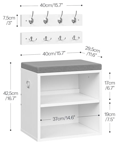 HOOBRO Shoe Storage Bench with Cushion, Entryway Bench with Coat Rack Set, Small Shoe Storage Organizer with Adjustable Shelf, for Narrow Hallway Foyer, Bedroom, White and Gray WG28HX01