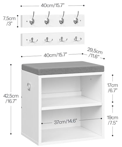 HOOBRO Shoe Storage Bench with Cushion, Entryway Bench with Coat Rack Set, Small Shoe Storage Organizer with Adjustable Shelf, for Narrow Hallway Foyer, Bedroom, White and Gray WG28HX01