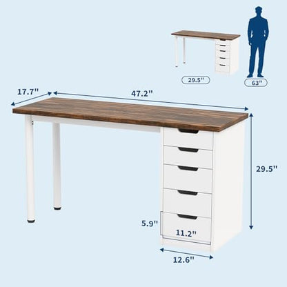 Garvee Computer Desk with 5 Drawers, 47 Inch Modern Simple Study Writing Desk with Storage, Rustic Home Office Desk, Reversible Computer Desk for Small Spaces, Apartments, Dorms, Brown+White - color: Brown + White