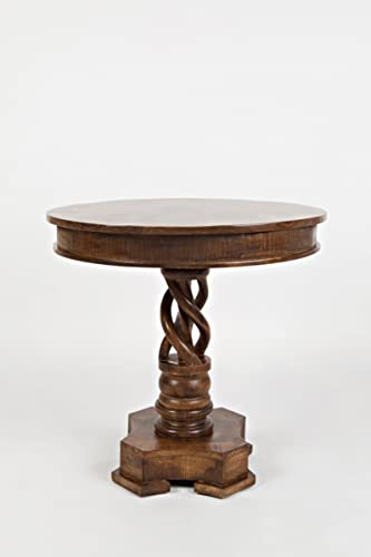 Jofran Global Archive Solid Mango Wood Hand Carved Pedestal Dining Table, Vintage Side Table, 30L X 30W X 30H, Brown