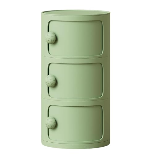 3 Tier Round Nightstand with Drawers, Plastic Green Nightstand Modern Round Bedside Table with Handles and Sliding Door for Bedroom, Living Room - color: Green